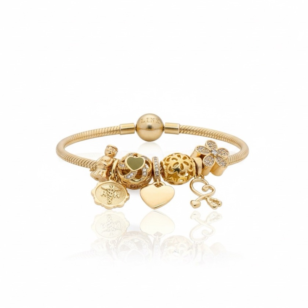 Linx Yellow Gold Snake Chain Bracelet with Registered Nurse Themed Charms
